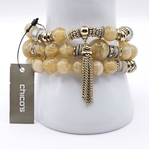 CHICO'S Vinia Tan and Gold Beaded Stretch‎ Bracelet Set